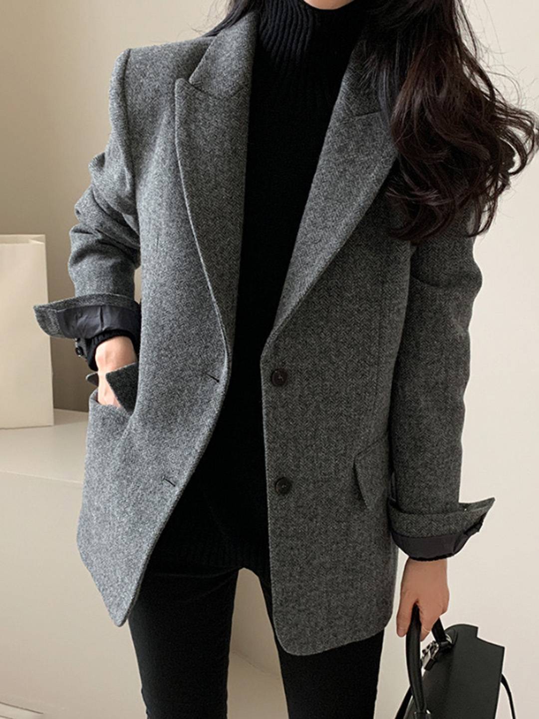Cocolii blazer femme en laine chevrons poches col revers oversize chic décontracté manteau pour bureau automne