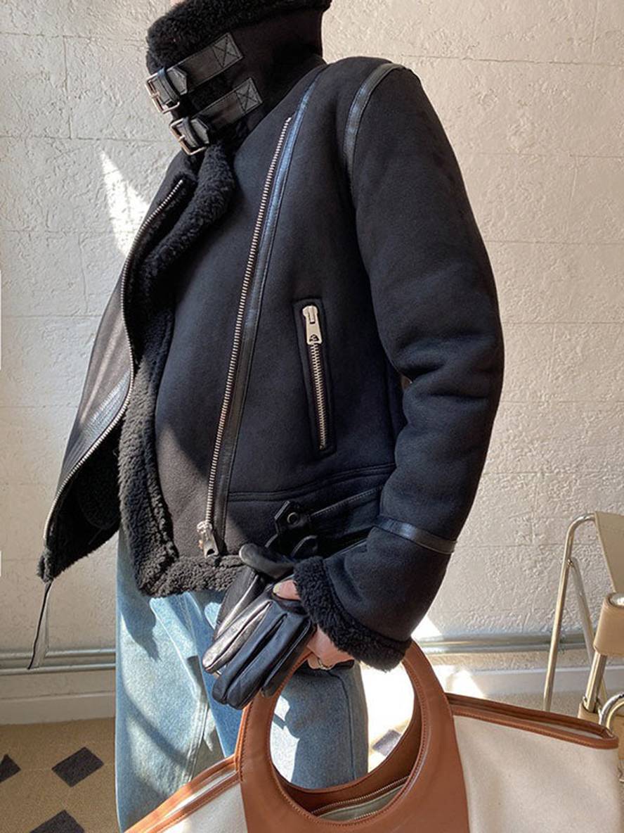 Cocolii manteau aviateur suedine fermeture éclair ceinture col revers femme veste style boyfriend