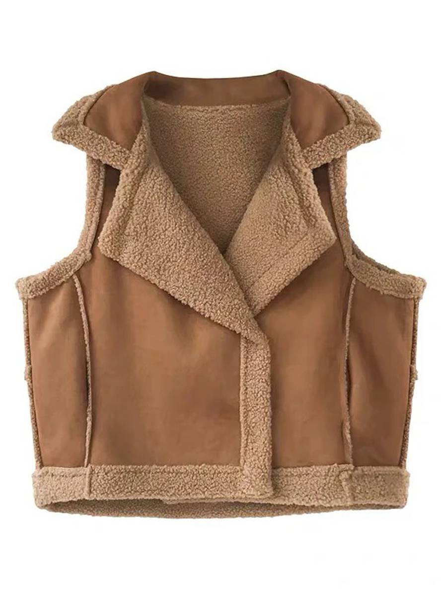 Cocolii gilet sans manches veste aviateur suedine double boutonnage poches col revers femme casual blouson