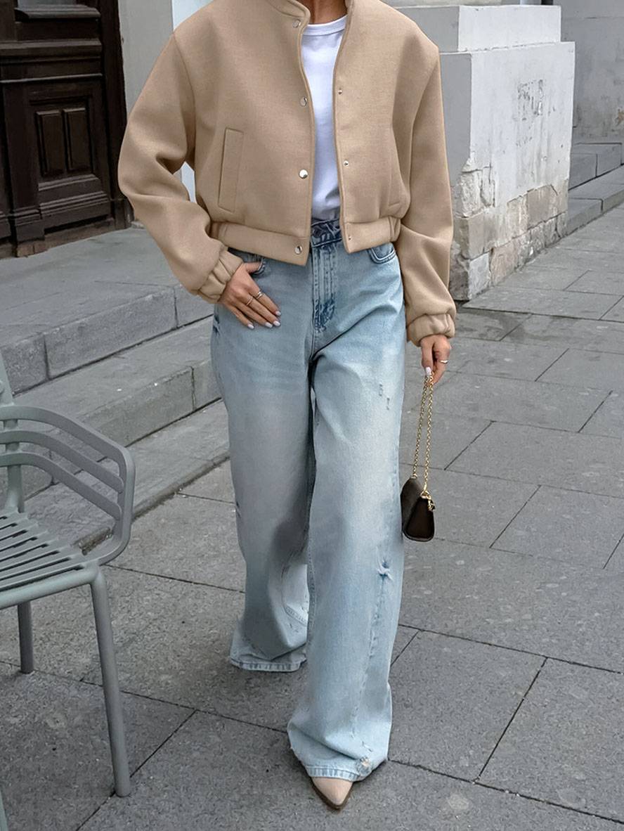 Cocolii court veste unicolore boutonnage poches col montant manches longues femme élégant décontracté manetau