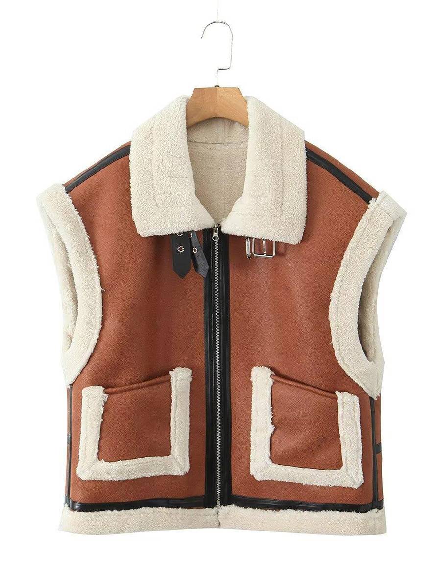 Cocolii manteau aviateur suedine molleton poches chunky buckle col revers sans manches femme décontracté hiver gilet