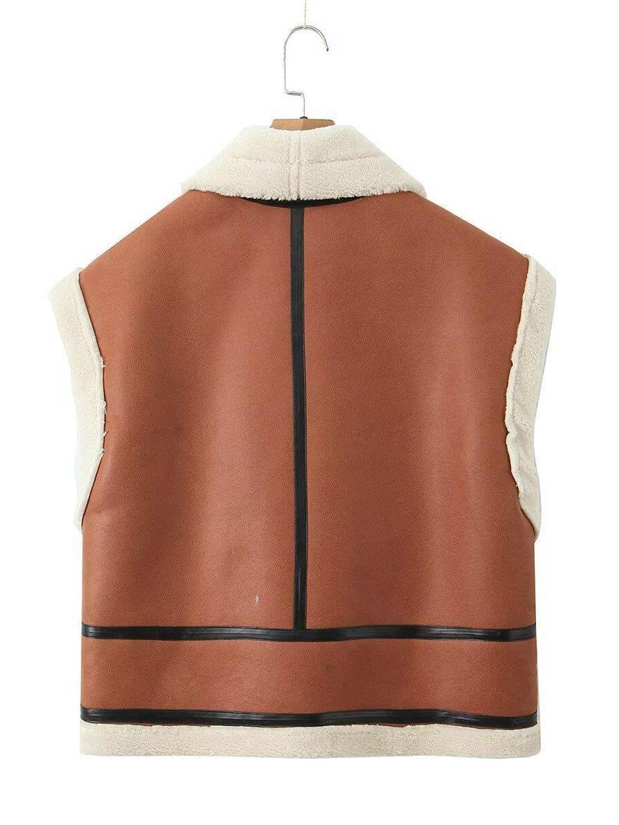 Cocolii manteau aviateur suedine molleton poches chunky buckle col revers sans manches femme décontracté hiver gilet