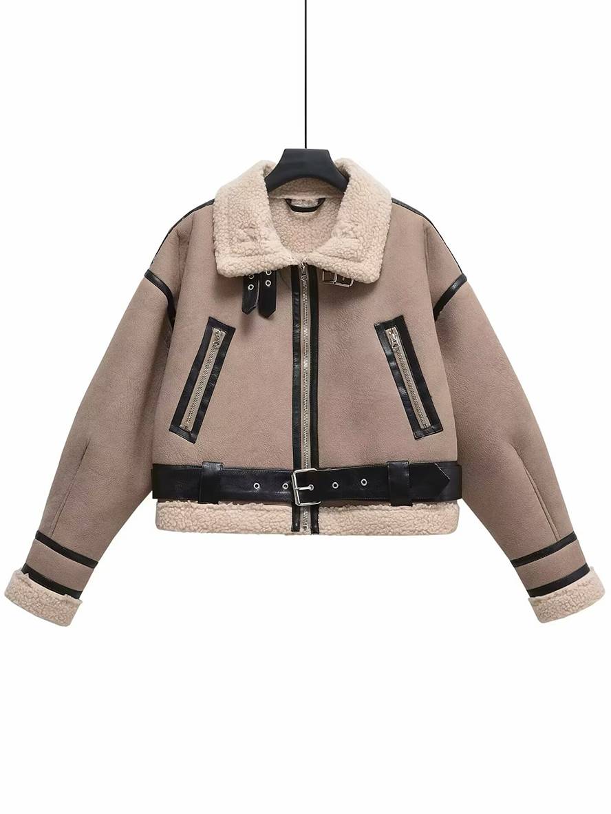 Cocolii court manteau aviateur ceinture chunky buckle col revers poches manches longues femme vintage décontracté veste
