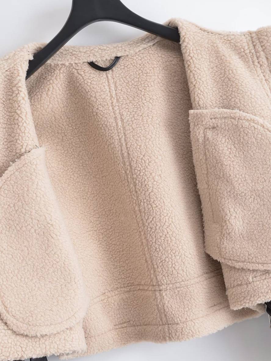 Cocolii court manteau aviateur ceinture chunky buckle col revers poches manches longues femme vintage décontracté veste