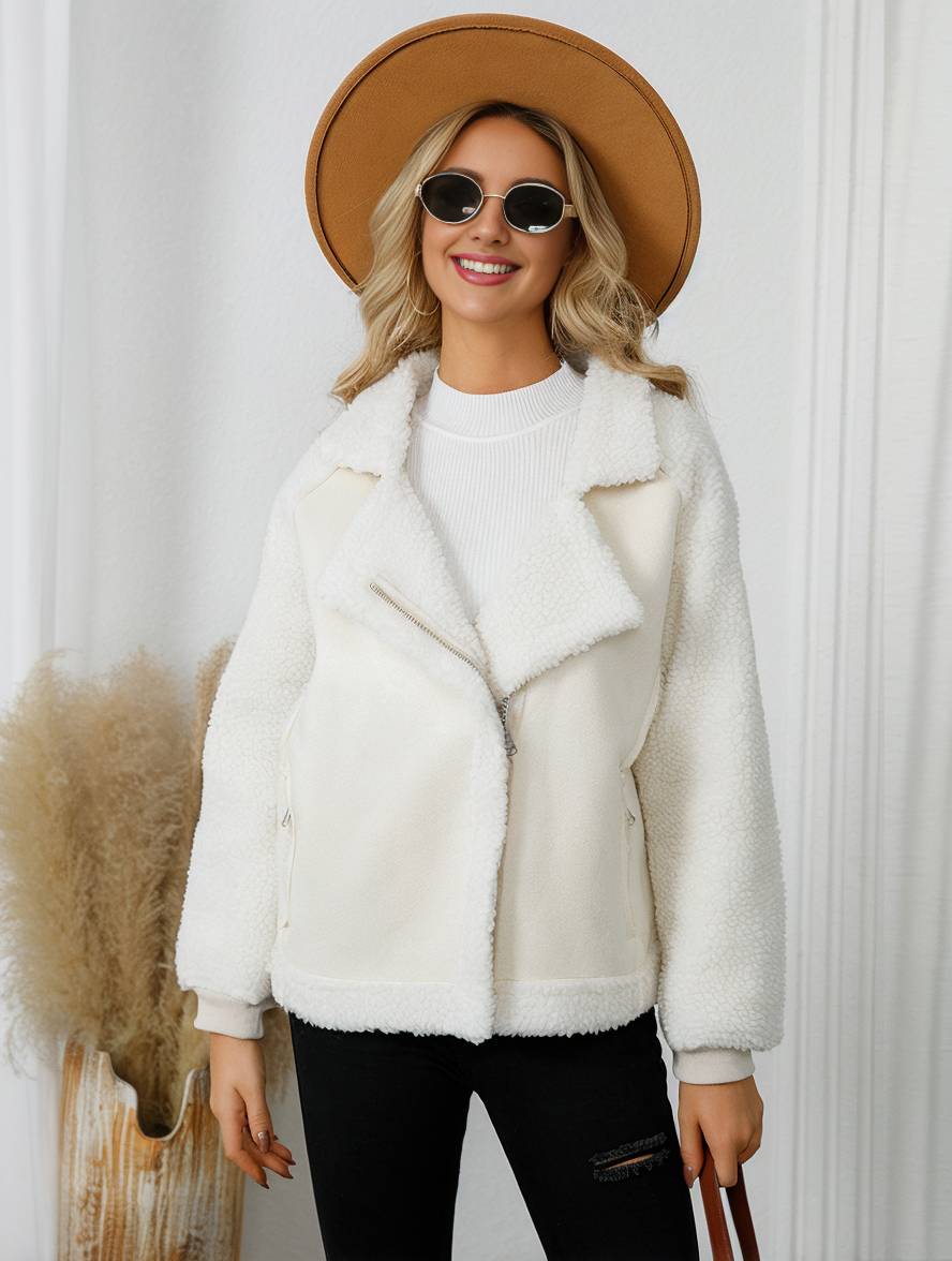 Cocolii manteau aviateur suedine poches col revers manches longues fermeture éclair femme élégant décontracté veste