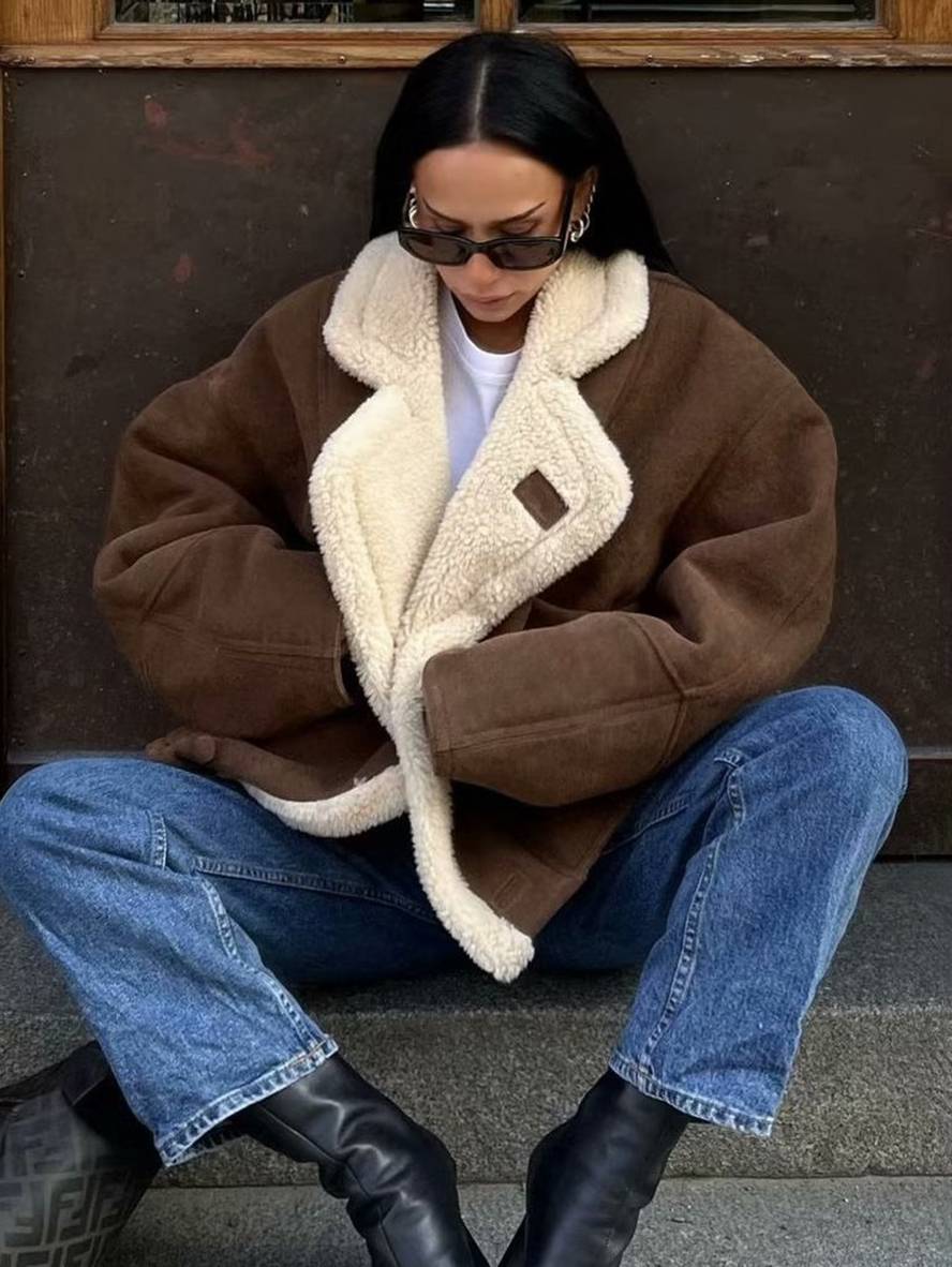 Cocolii manteau aviateur suedine boutons poches col revers manches longues femme vintage décontracté ample hiver veste