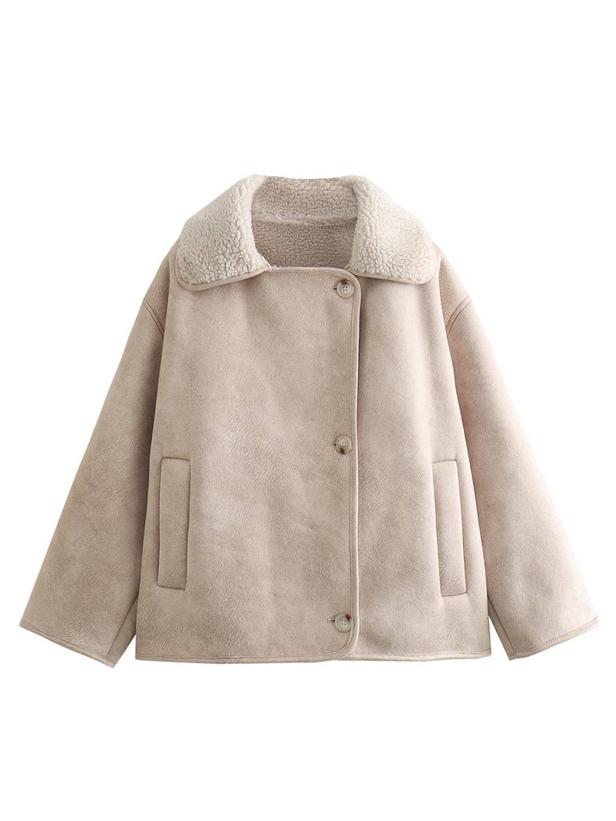 Cocolii manteau aviateur en suedine boutonnage poches col revers manches longues femme décontracté oversized veste