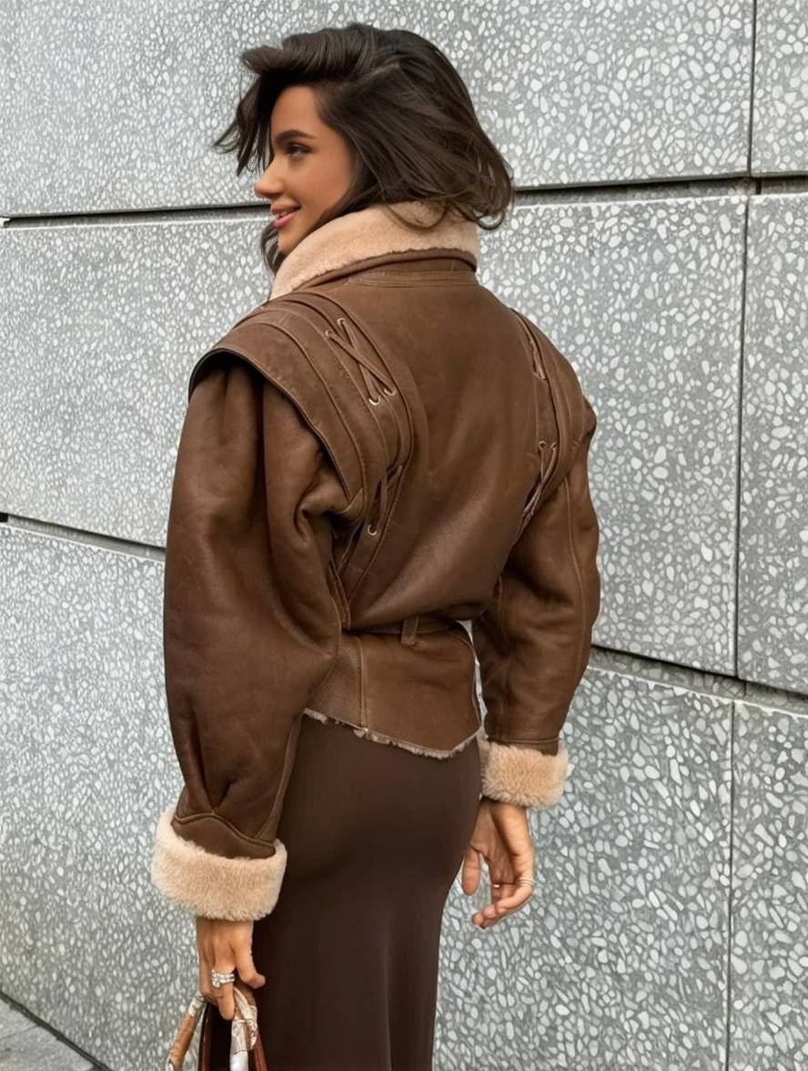 Cocolii veste aviateur suedine avec polaire ceinture v-cou manches longues femme vintage décontracté manteau