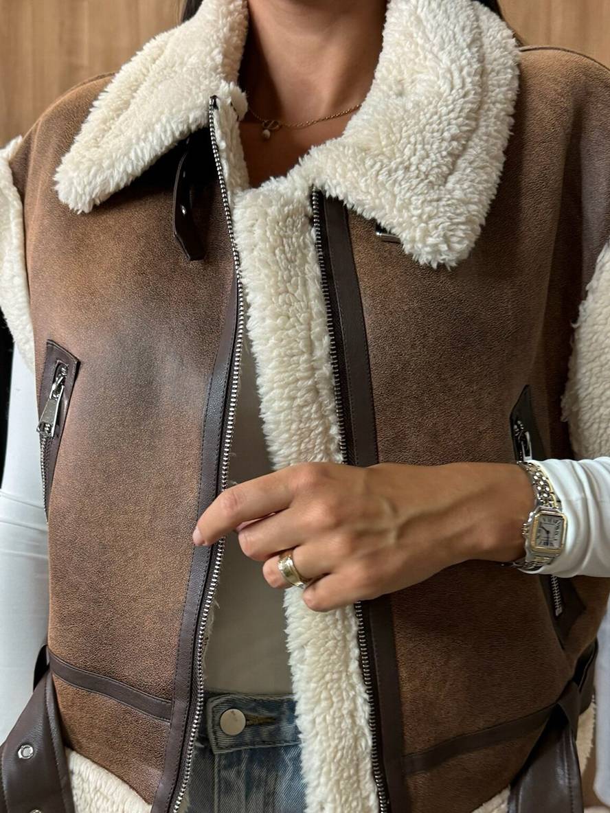 Cocolii court veste aviateur en daim molleton sans manches fermeture éclair poches ceinture femme décontracté gilet suedine