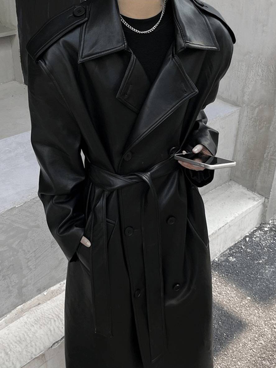 Cocolii longue manteau en simili cuir boutonnage poches ceinture manches longues femme élégant mode oversized veste