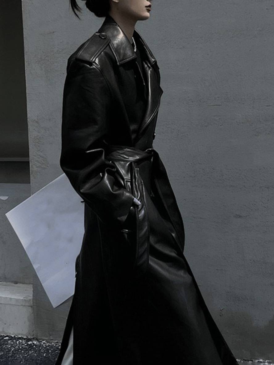 Cocolii longue manteau en simili cuir boutonnage poches ceinture manches longues femme élégant mode oversized veste