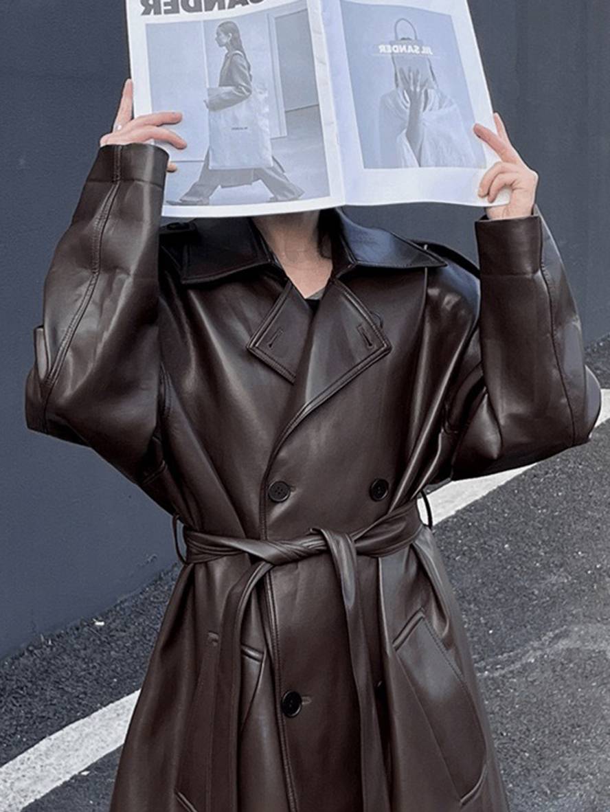 Cocolii longue manteau en simili cuir boutonnage poches ceinture manches longues femme élégant mode oversized veste