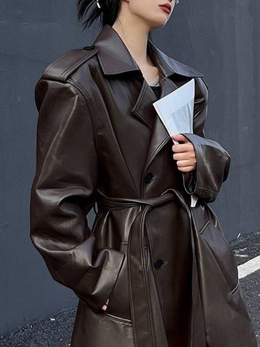 Cocolii longue manteau en simili cuir boutonnage poches ceinture manches longues femme élégant mode oversized veste