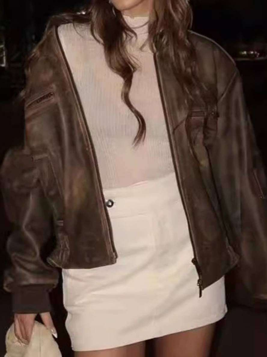 Cocolii court veste motard simili cuir fermeture éclair col montant manches longues femme vintage décontracté manteau