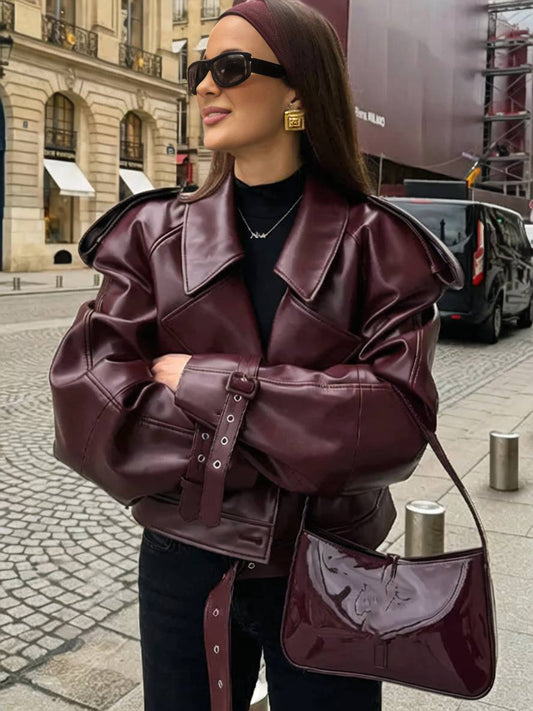 Cocolii court perfecto femme simili cuir fermeture éclair ceinture col revers manches longues femme vintage décontracté veste