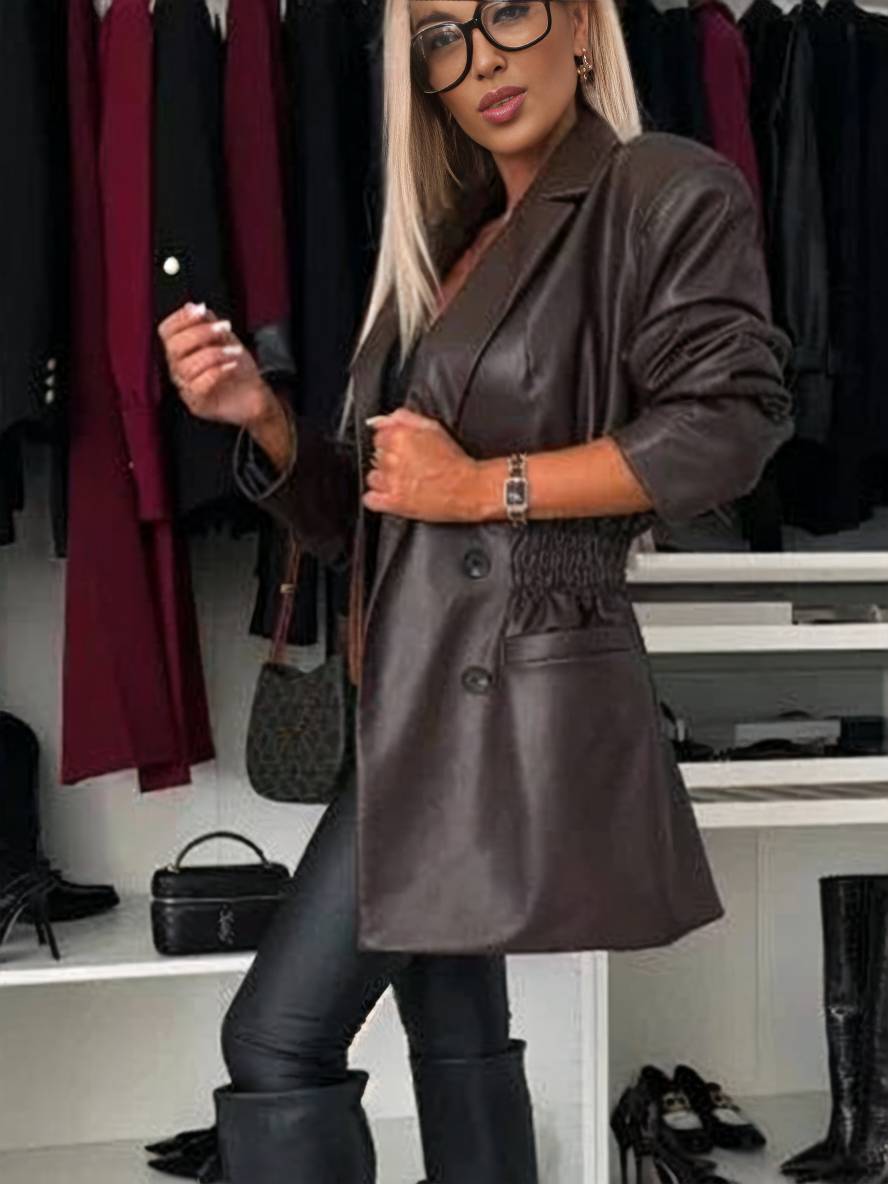 Cocolii veste en simili cuir double boutonnage manches longues femme élégant décontracté mode casual manteau