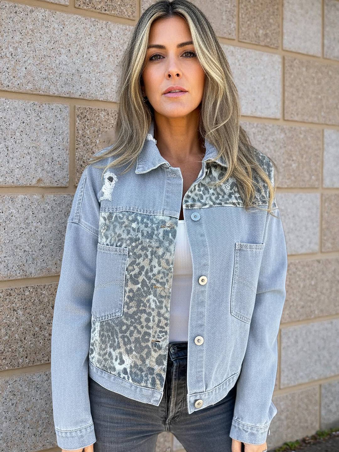 Cocolii veste en jean femme déchiré troué léopard poches manches longues style boyfriend décontracté blouson