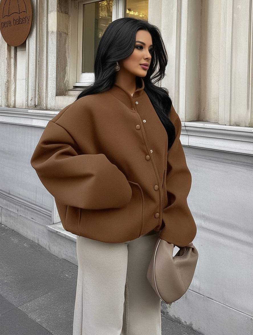 Cocolii bombers boutonnage col montant manches longues femme vintage décontracté ample oversized veste