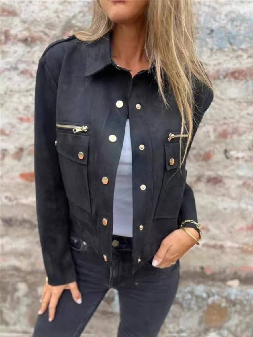 Cocolii court veste en suedine boutonnage poches col revers manches longues femme élégant décontracté manteau