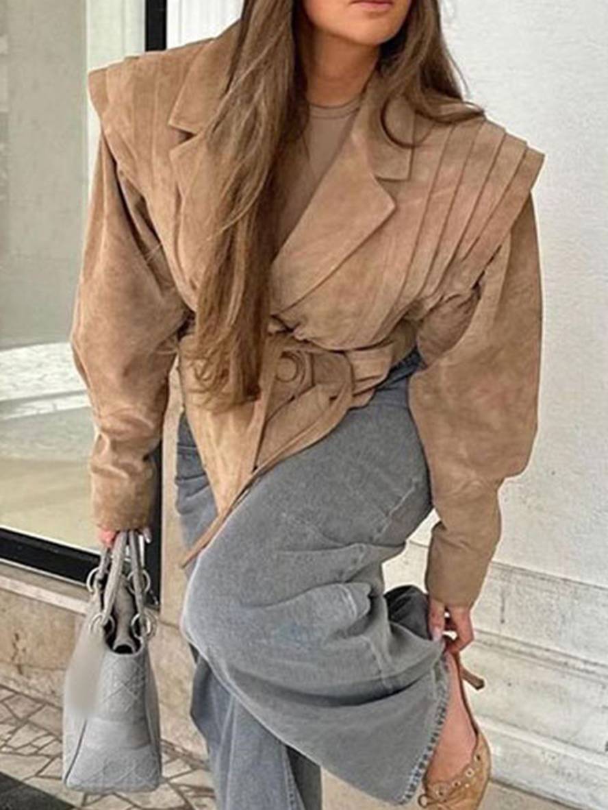 Cocolii court perfecto femme suedine ceinture v-cou col revers manches longues poches femme décontracté veste