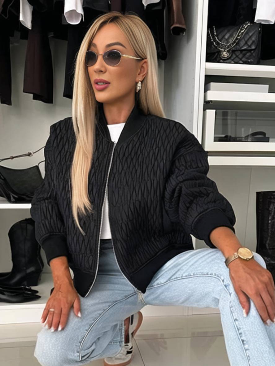 Cocolii court veste unicolore fermeture éclair poches col montant manches bishop femme élégant décontracté manteau