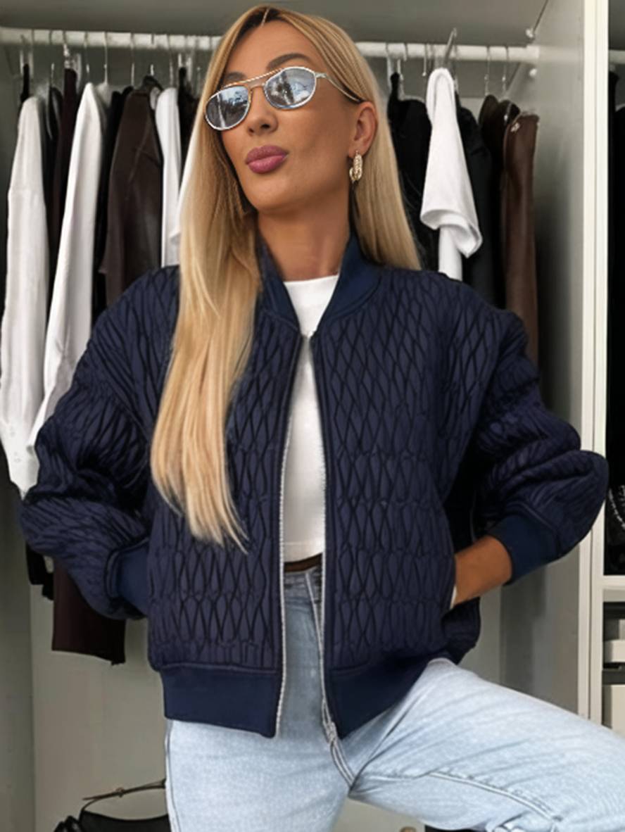 Cocolii court veste unicolore fermeture éclair poches col montant manches bishop femme élégant décontracté manteau