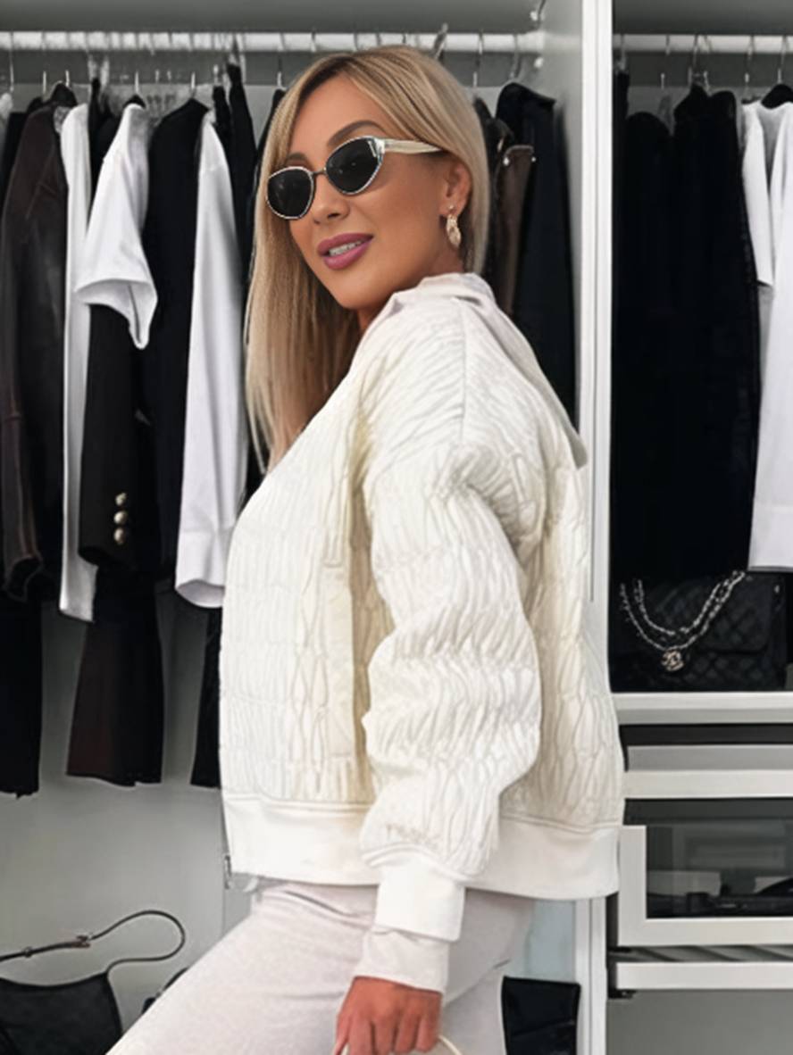 Cocolii court veste unicolore fermeture éclair poches col montant manches bishop femme élégant décontracté manteau