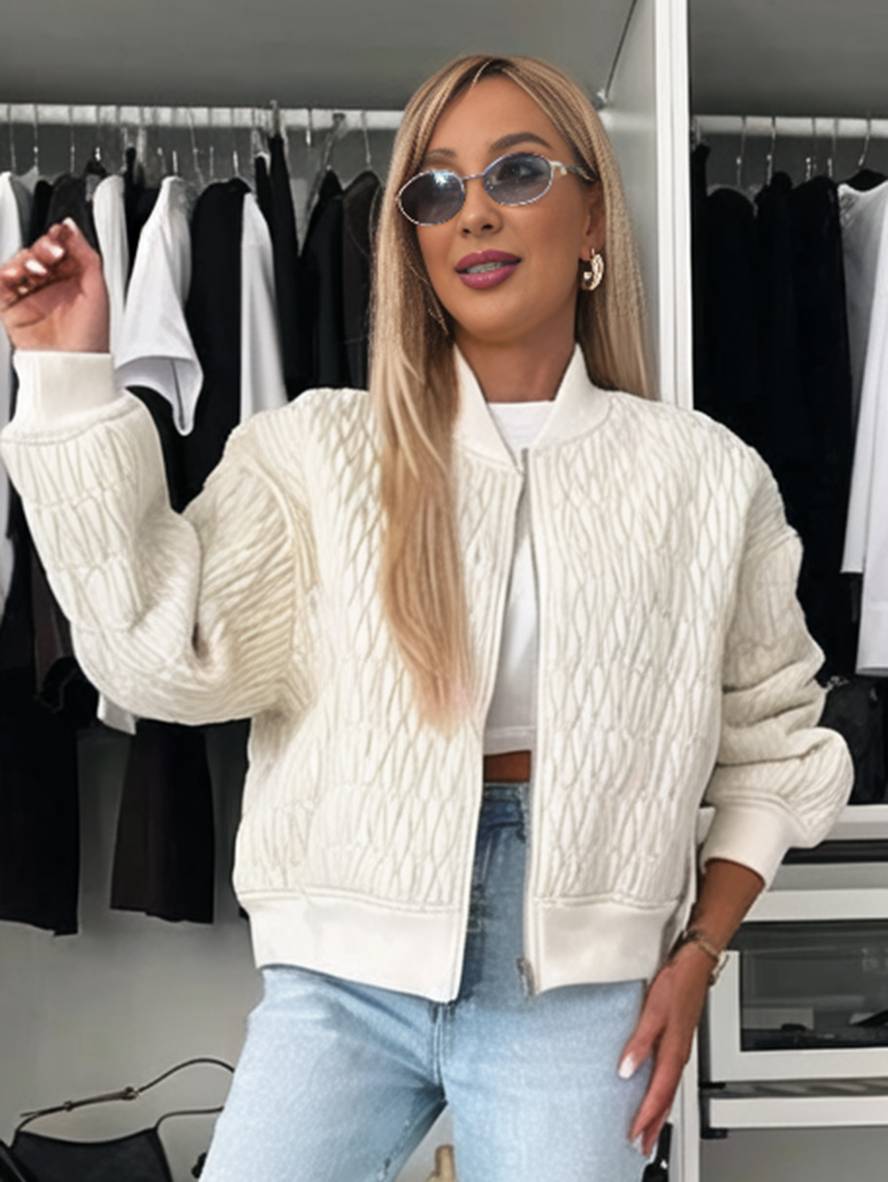 Cocolii court veste unicolore fermeture éclair poches col montant manches bishop femme élégant décontracté manteau