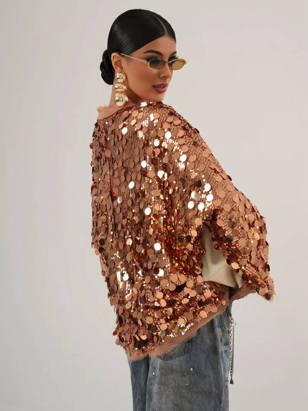 Cocolii veste courte brillante paillette pour femme v-cou manches longues ceinture élégant oversized cardigan