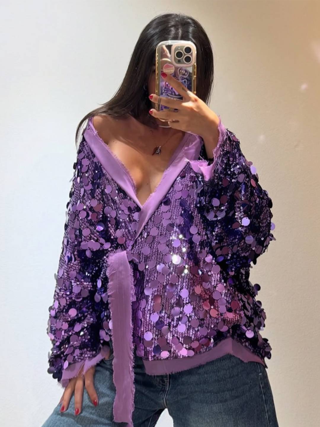 Cocolii veste courte brillante paillette pour femme v-cou manches longues ceinture élégant oversized cardigan