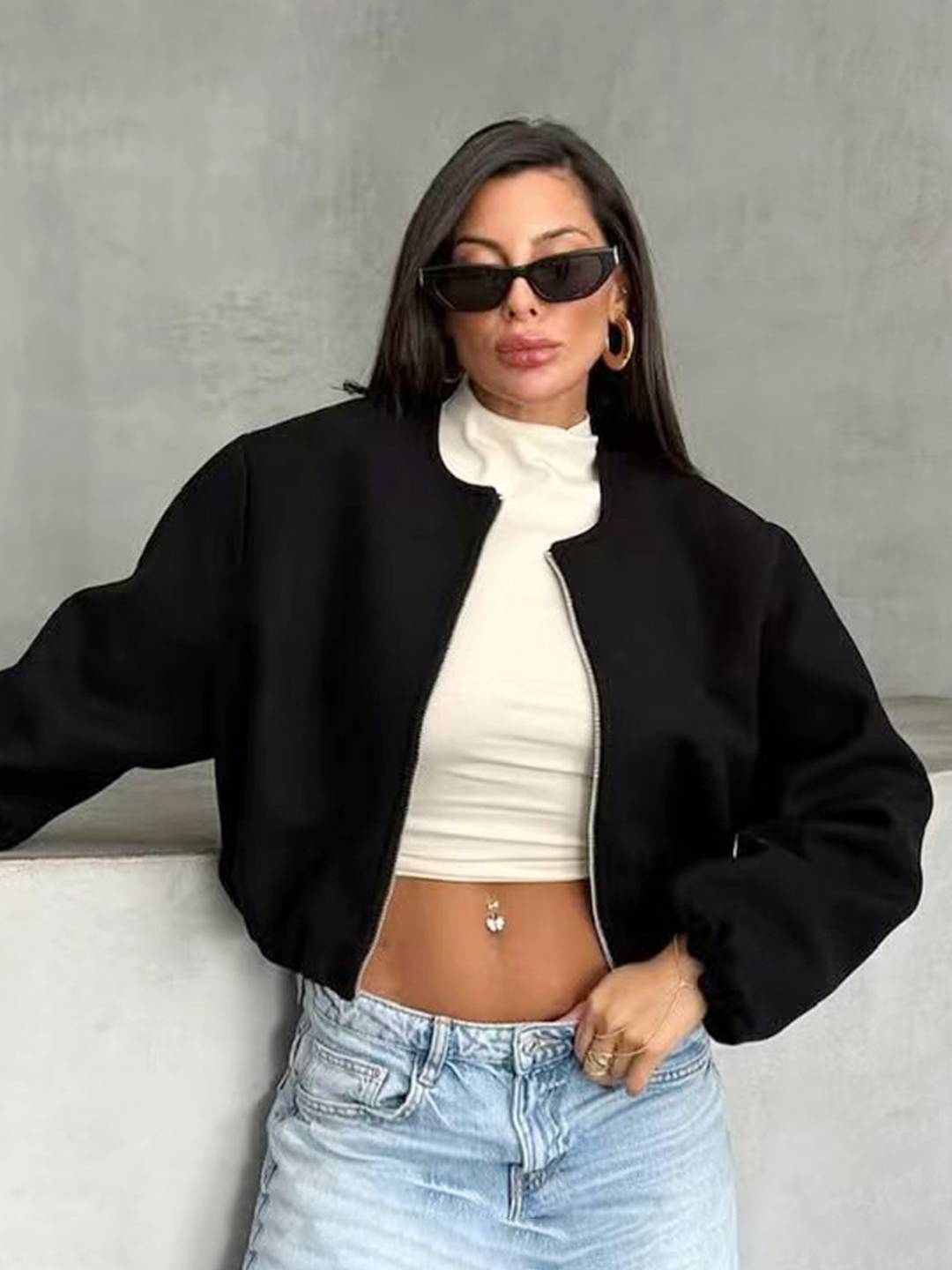 Cocolii veste court bombers fermeture éclair col rond manches longues femme décontracté blouson pour l'automne et l'hiver