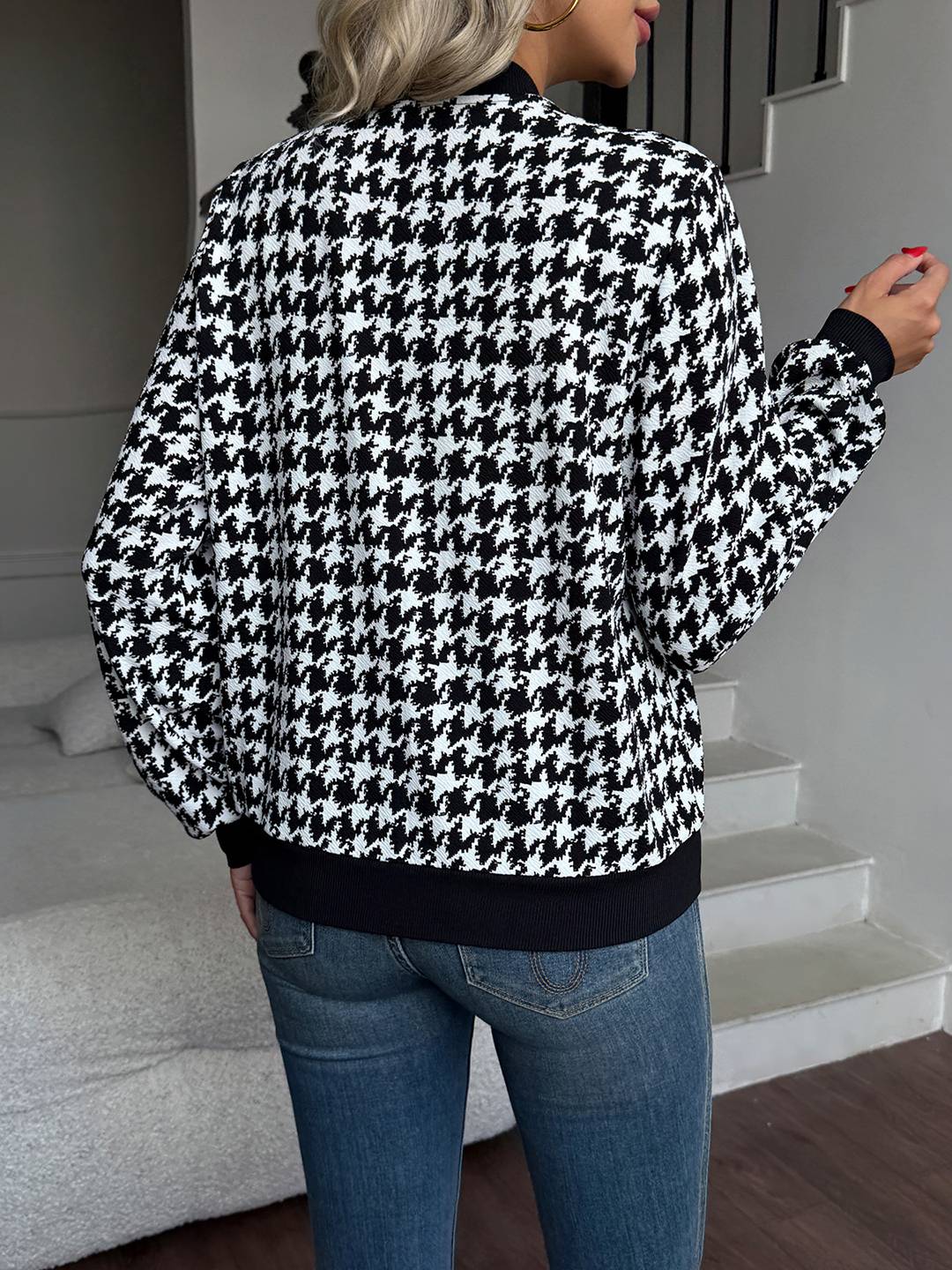 Cocolii blouson bomber femme à motif pied de poule fermeture éclair décontracté veste court et léger pour la mi-saison