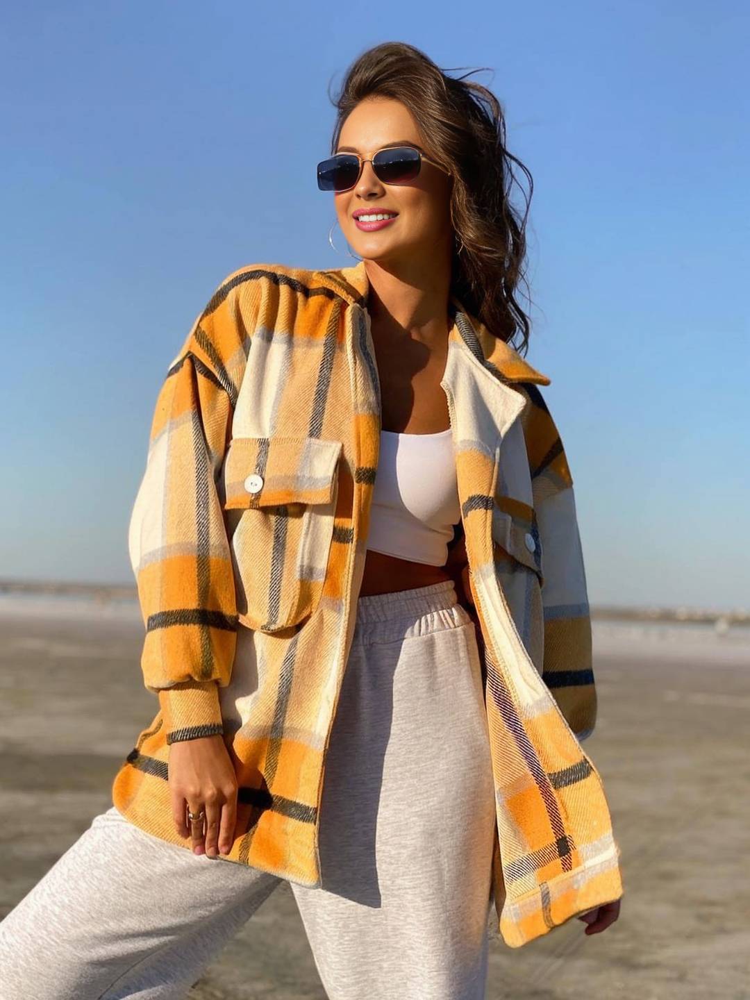 Cocolii mi-longue surchemise femme carreaux poches manches longues style boyfriend oversized décontracté vintage veste