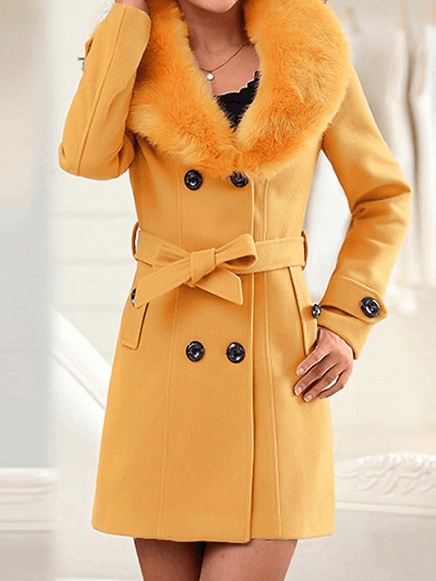 Cocolii mi-longue manteau en laine double boutonnage noeud papillon ceinture poches manches longues femme élégant veste