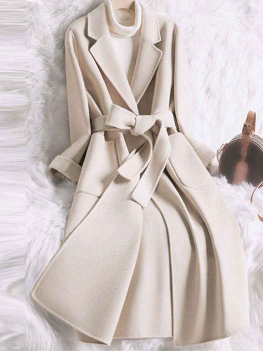 Cocolii longue manteau en laine coton poches ceinture col revers manches longues femme casual ample veste