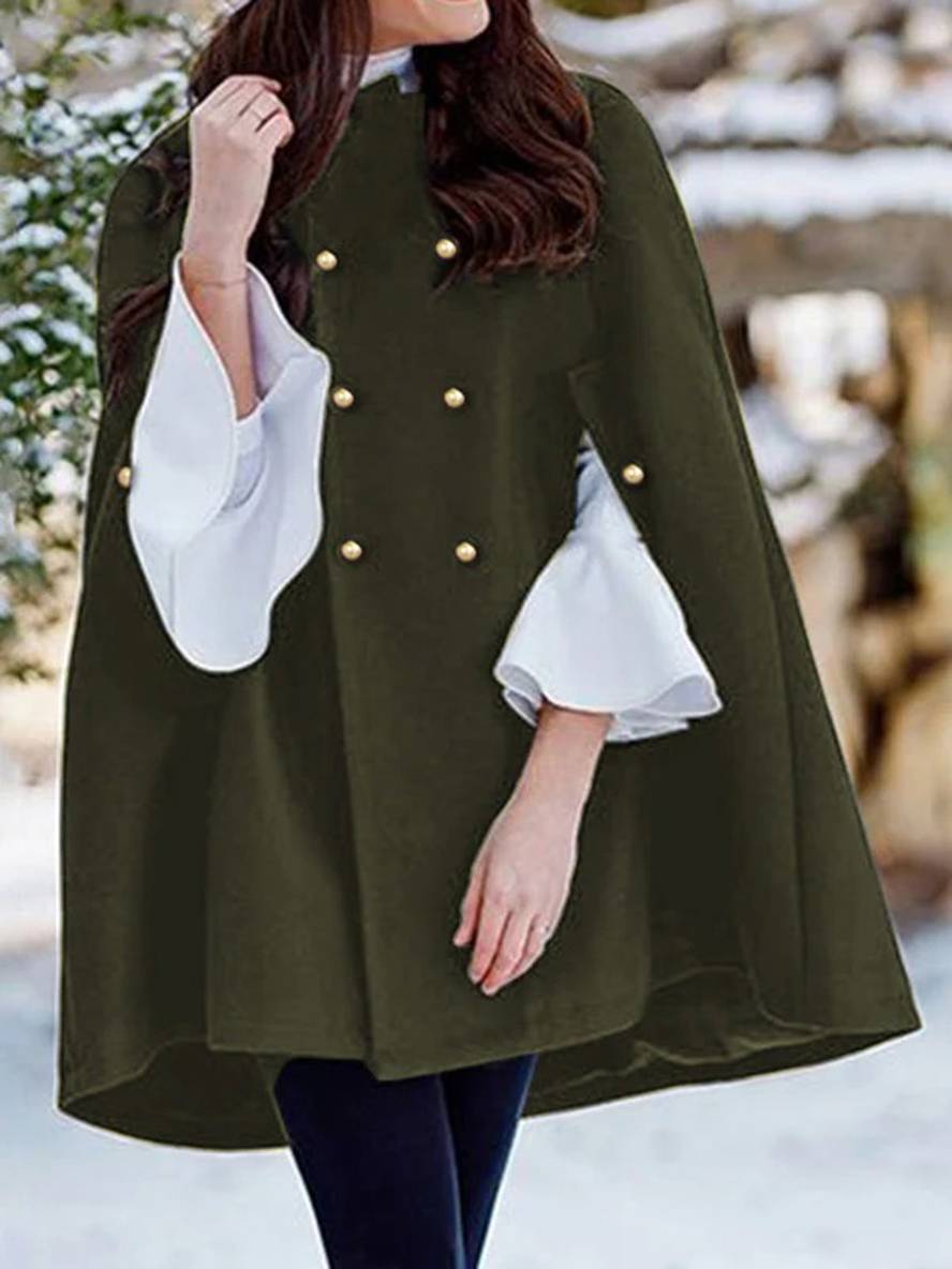 Cocolii poncho manteau en laine femme double boutonnage manches longues femme élégant cape vert armée