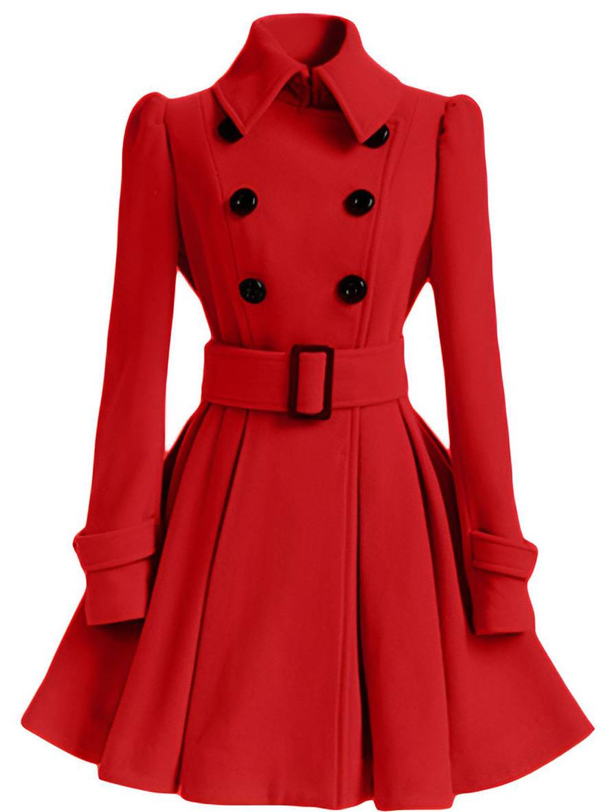 Cocolii mi-longue manteau en laine à volantée double boutonnage ceinture col revers femme élégant décontracté