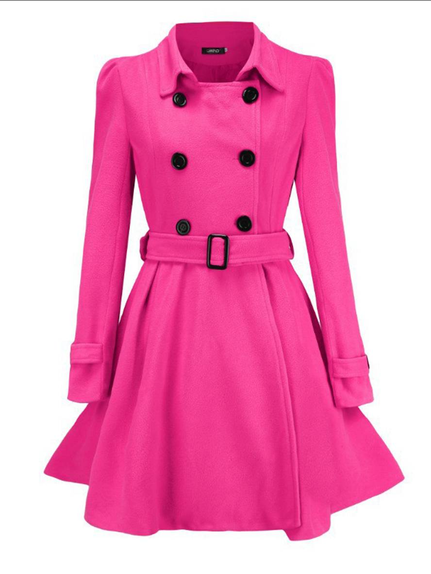 Cocolii mi-longue manteau en laine à volantée double boutonnage ceinture col revers femme élégant décontracté