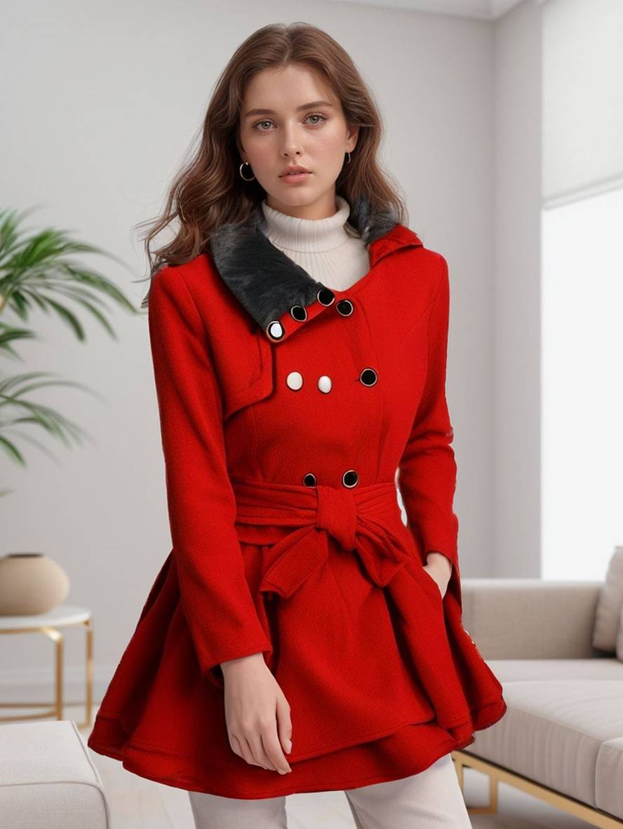 Cocolii mi-longue manteau double boutonnage ceinture col revers manches longues femme élégant décontracté