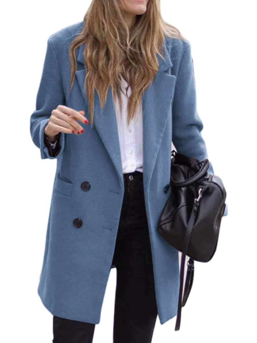 Cocolii mi-longue manteau en laine double boutonnage poches manches longues femme élégant décontracté veste