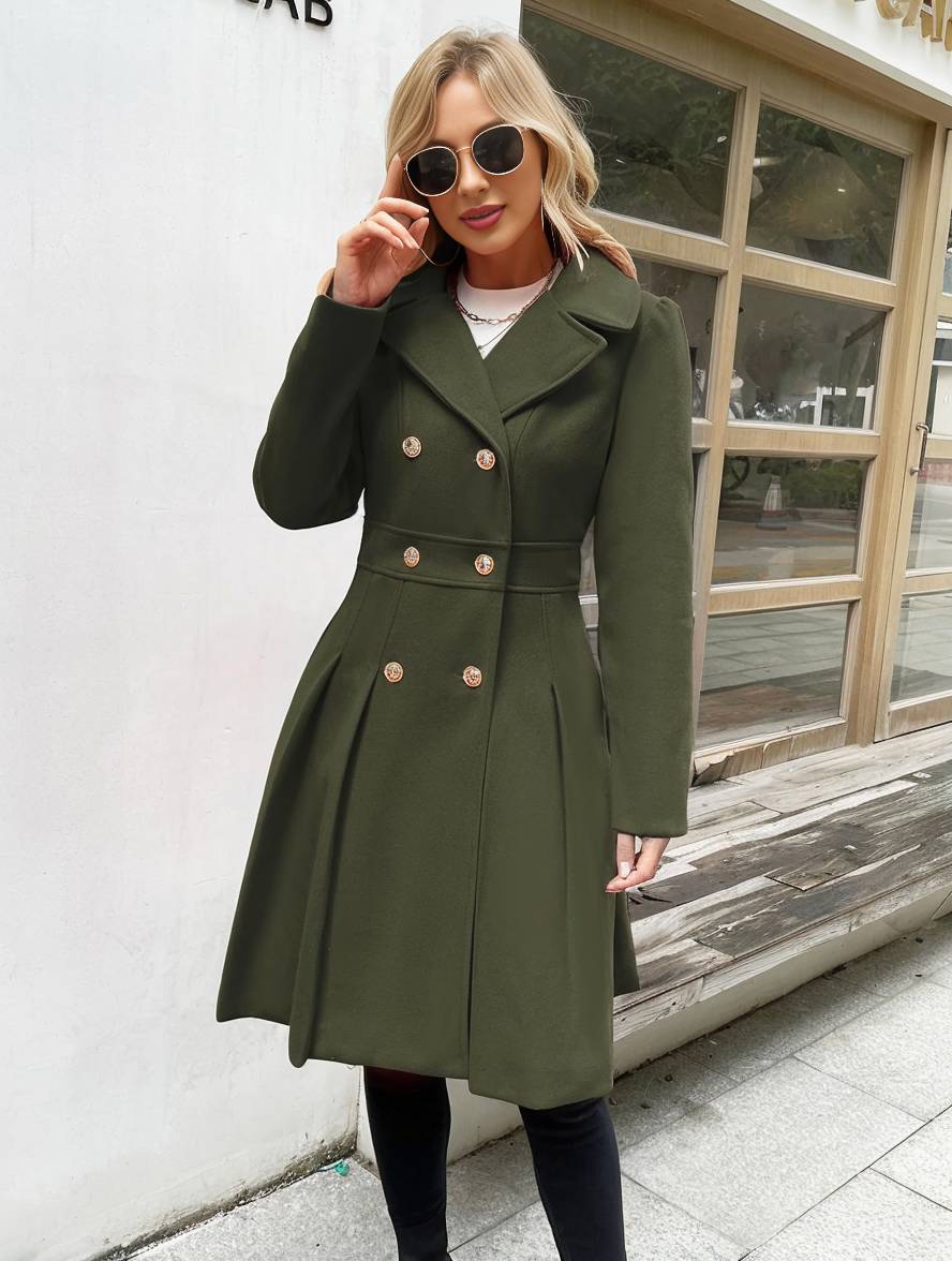 Cocolii mi-longue manteau unicolore double boutonnage poches col revers manches longues femme élégant décontracté veste