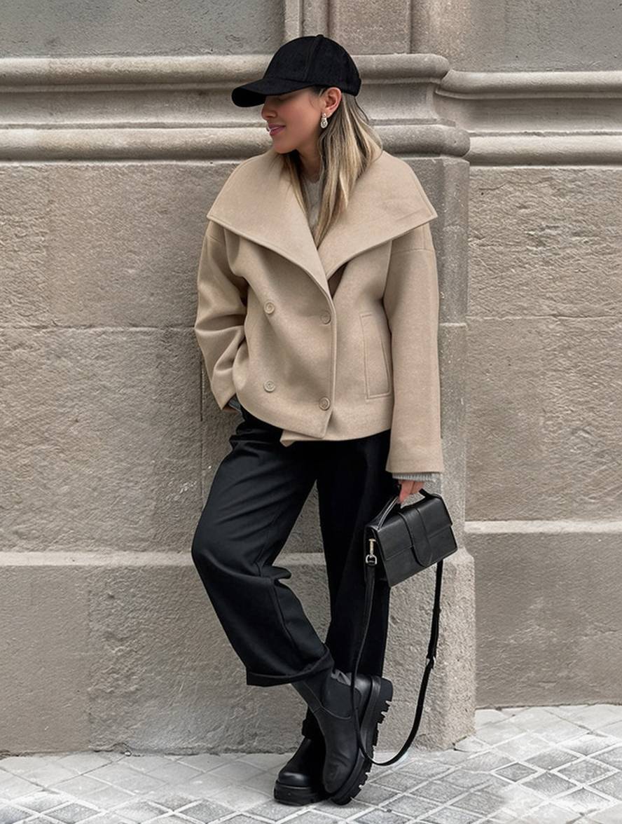 Cocolii manteau en laine double boutonnage col revers poches manches longues femme élégant décontracté ample veste