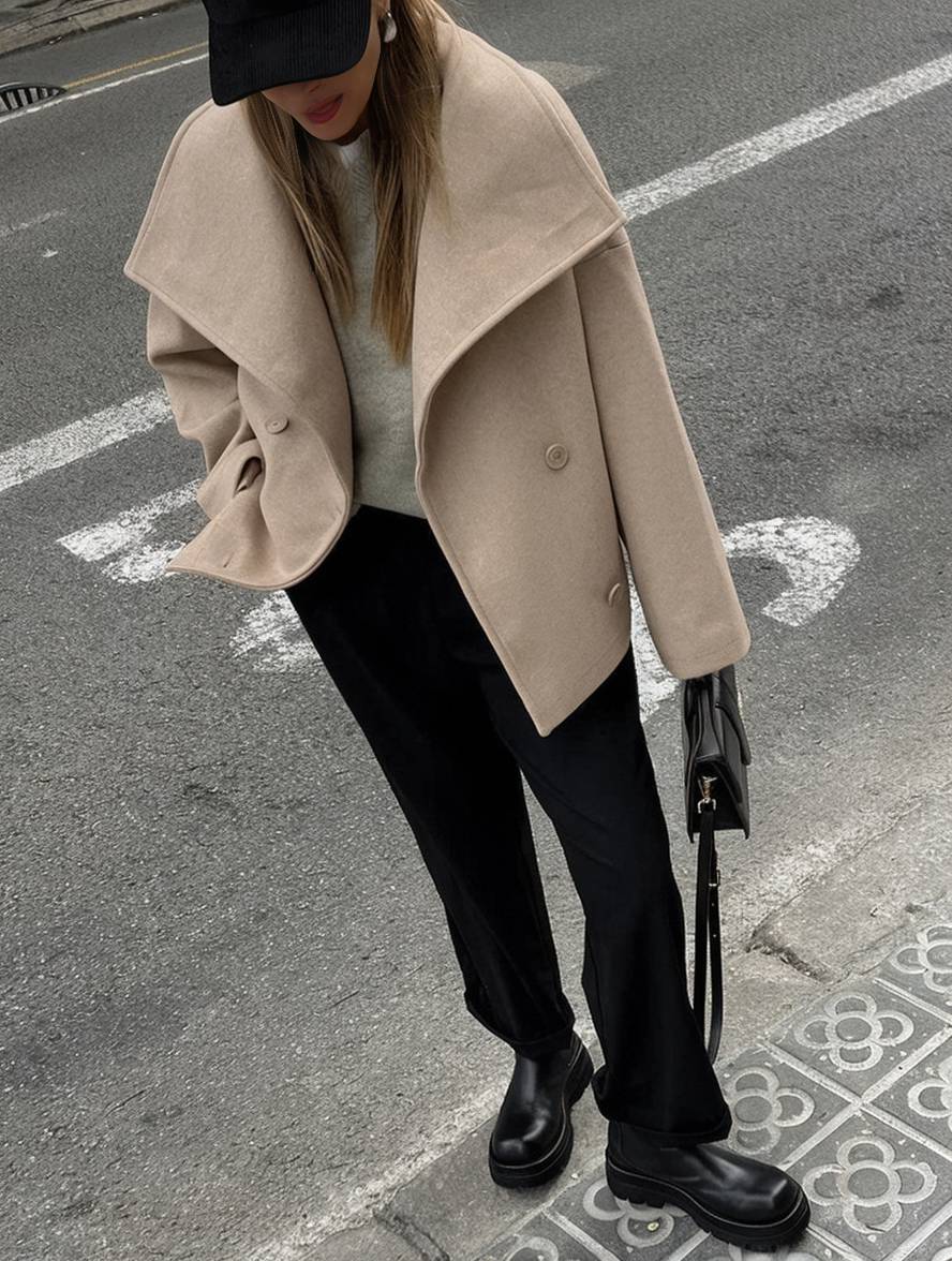 Cocolii manteau en laine double boutonnage col revers poches manches longues femme élégant décontracté ample veste