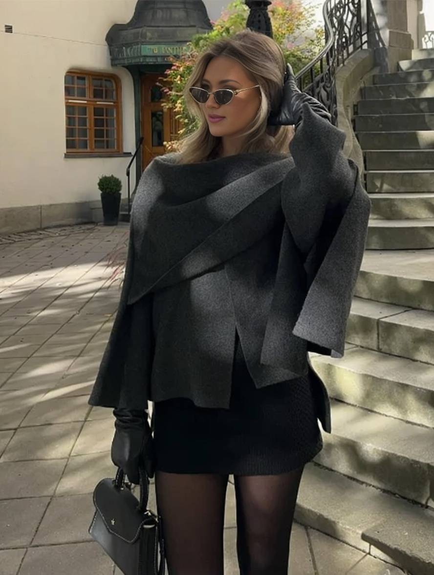 Cocolii manteau en laine avec écharpe fendu le côté boutons col rond manches longues femme élégant décontracté lâche veste