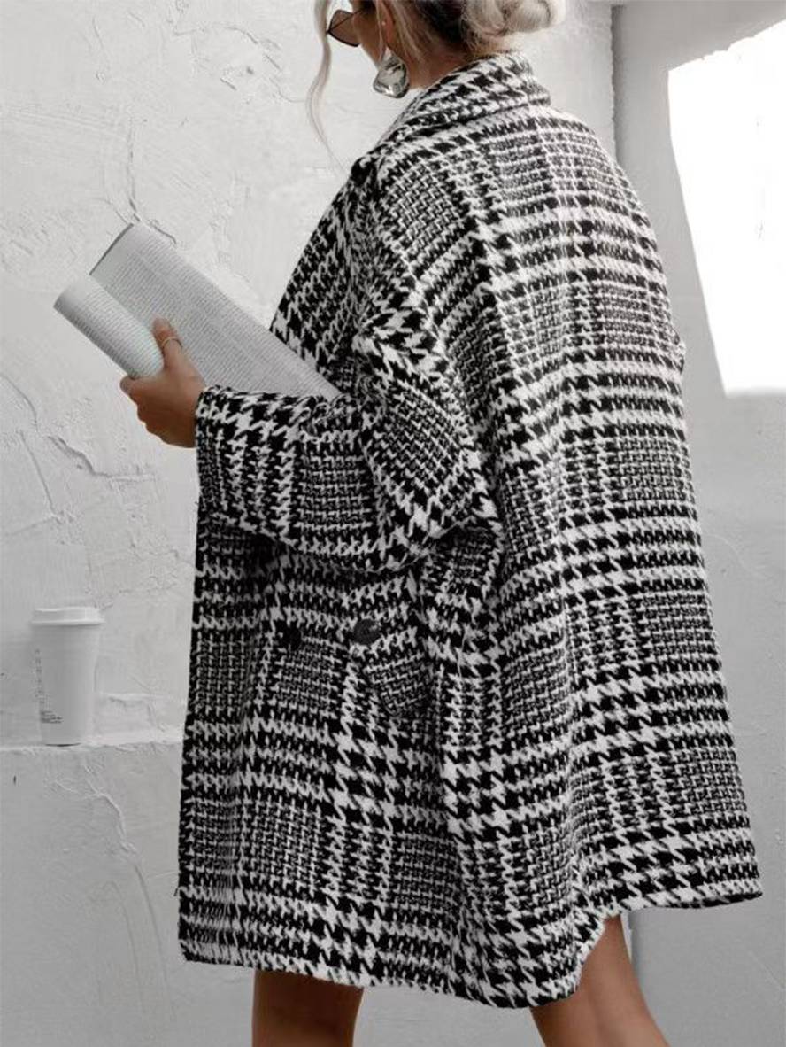 Cocolii mi-longue manteau en laine pied de poule double boutonnage poches manches longues femme élégant ample veste