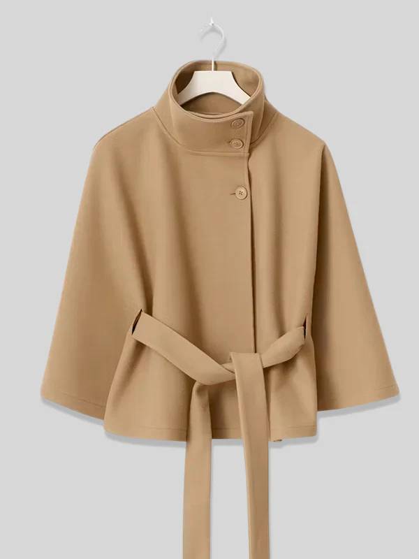 Cocolii court poncho manteau en laine col montant avec ceinture manches cape femme élégant décontracté ample veste