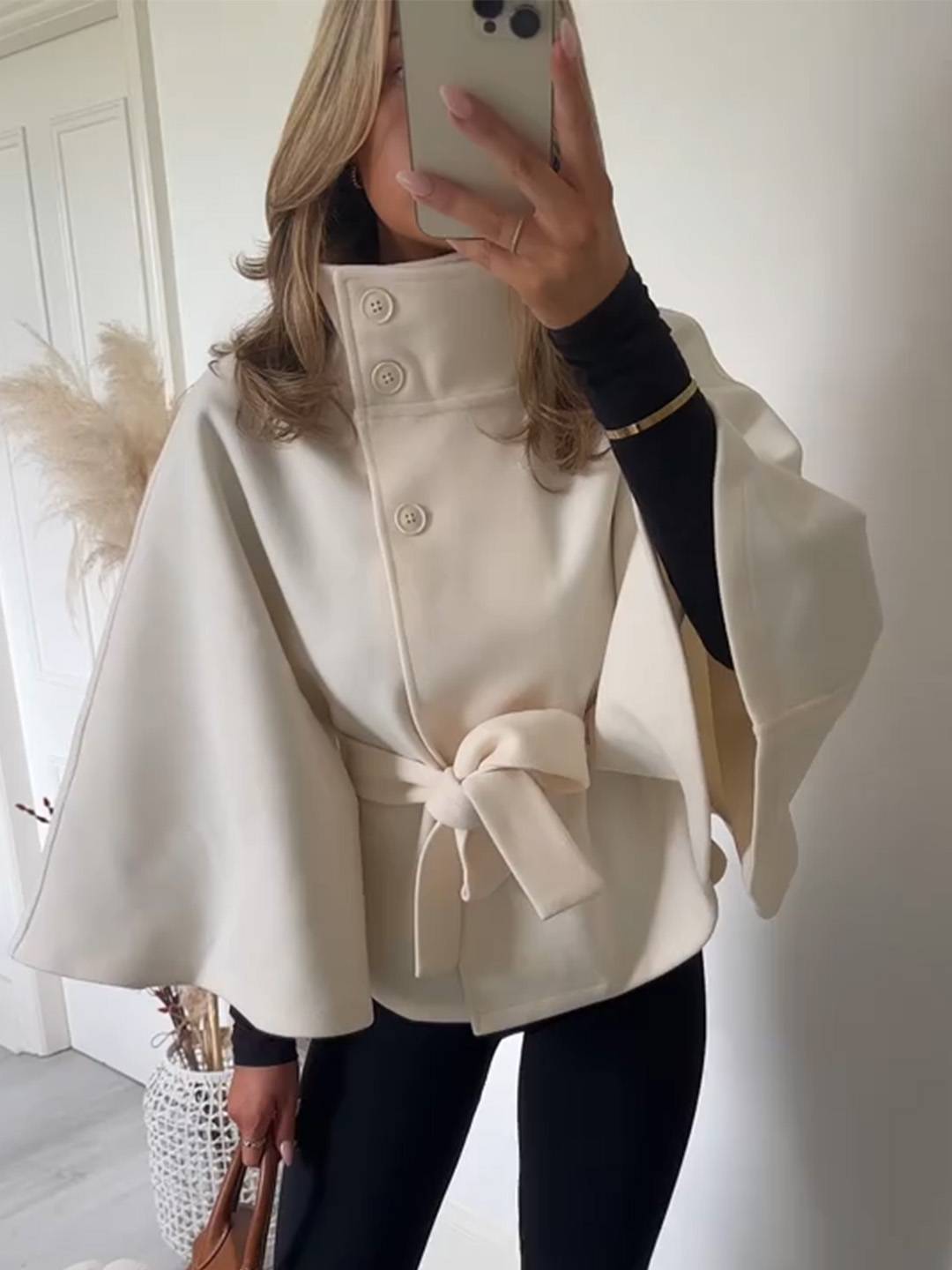 Cocolii court poncho manteau femme boutonnage ceinture col montant manches cape décontracté ample manteau cape