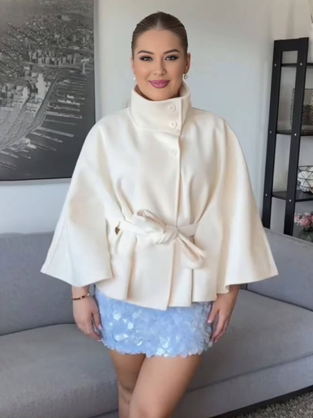 Cocolii court poncho manteau femme boutonnage ceinture col montant manches cape décontracté ample manteau cape