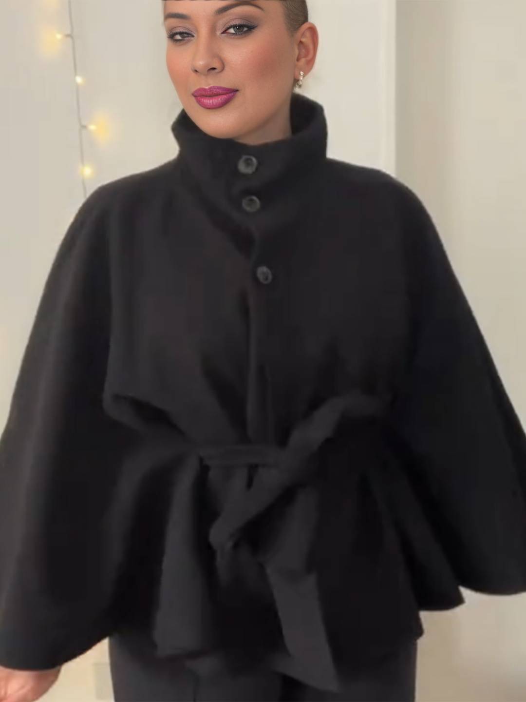 Cocolii court poncho manteau femme boutonnage ceinture col montant manches cape décontracté ample manteau cape