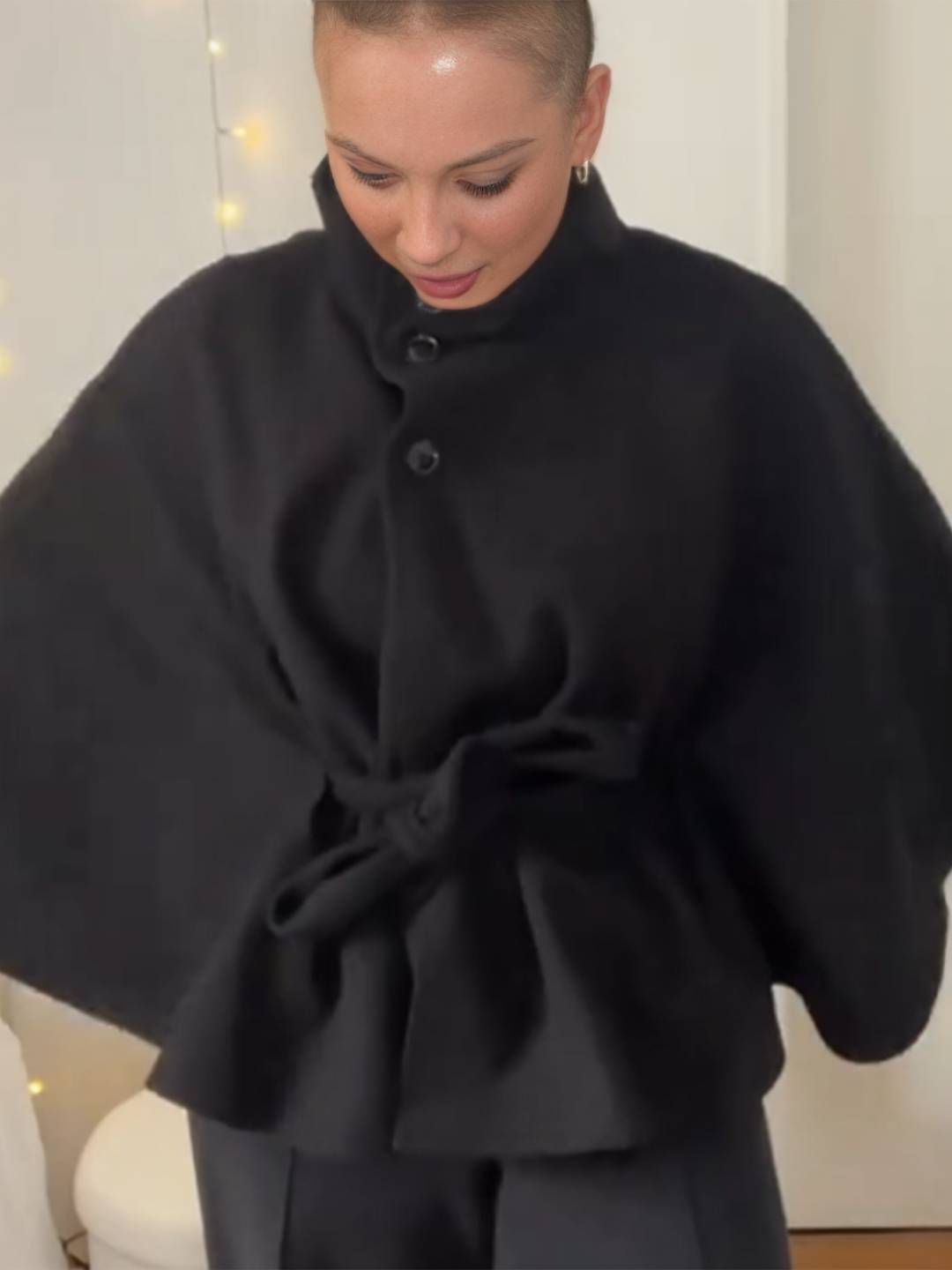 Cocolii court poncho manteau femme boutonnage ceinture col montant manches cape décontracté ample manteau cape